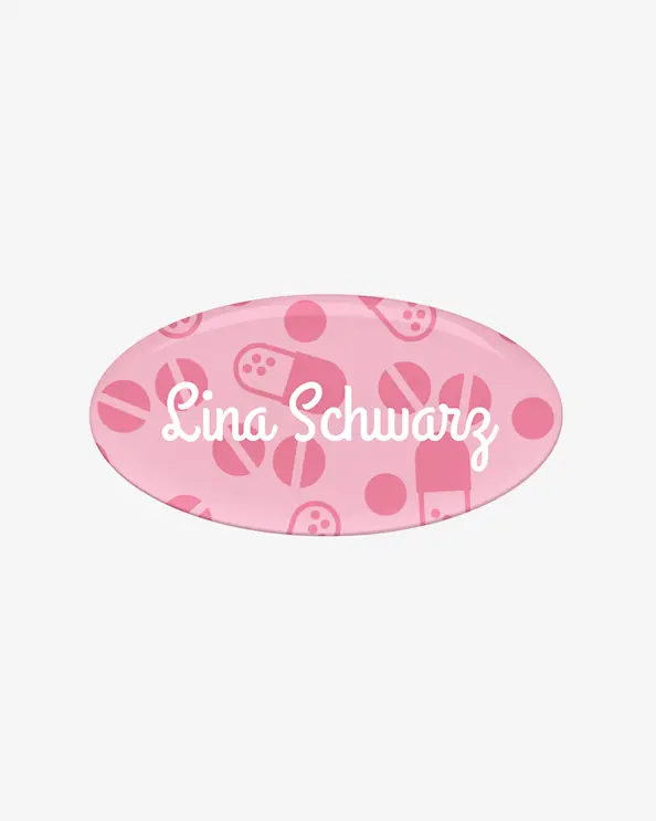 Namensschild oval mit Magnetverschluss Pink Pills