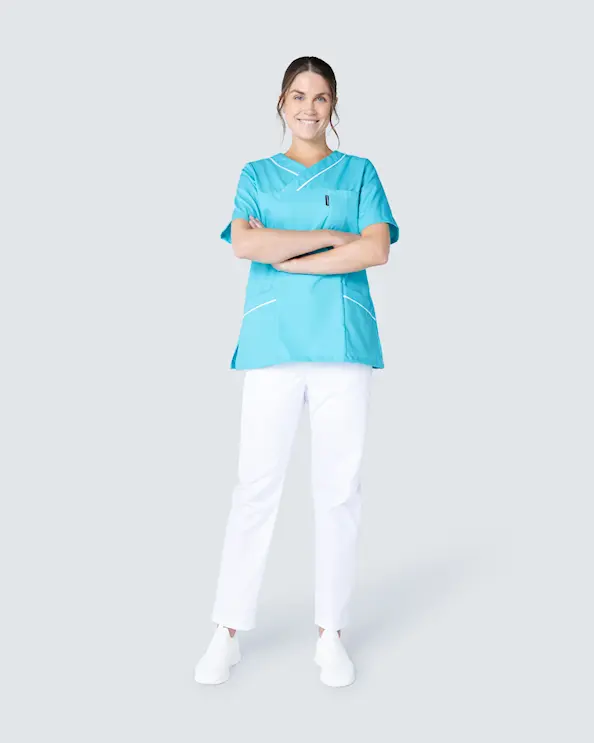 Almedahls Tyrkis/Hvid Bluse med v-hals Dame