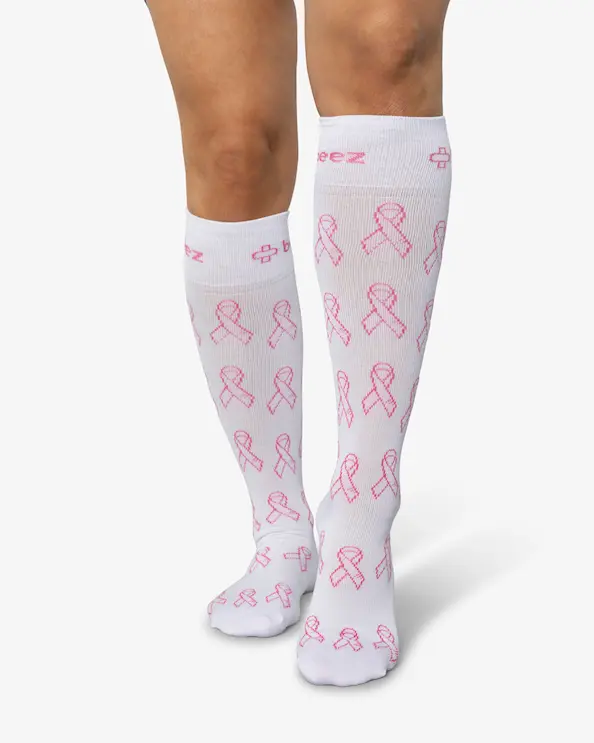 Beez Stödstrumpa Rosa Bandet Vit