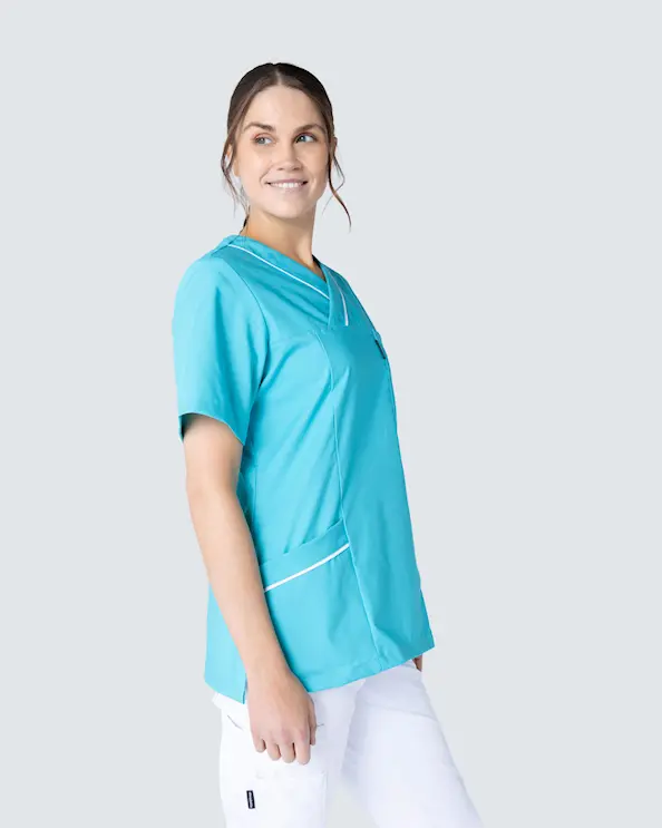 Almedahls Tyrkis/Hvid Bluse med v-hals Dame