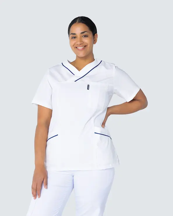 Almedahls Hvid/Blå Bluse med v-hals Dame