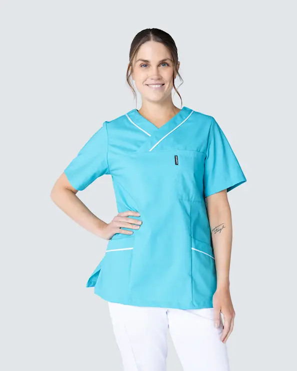 Almedahls Tyrkis/Hvid Bluse med v-hals Dame